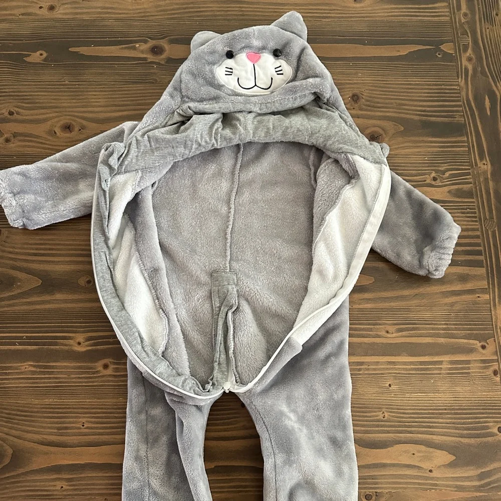Baby Gray Cat Halloween Costume Plush Zip Up One Size Cute Cozy